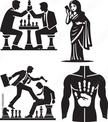Black and white vector illustration of chess players woman in sari and business concepts in silhouette
