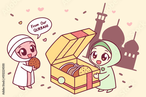Kawaii scene Big-eyed children exchanging adorable meat parcels wrapped like Eid gifts with ribbon and sticker labels 'From Our Qurbani'. One box peeks open to show a cute meat cartoon face winking. B
