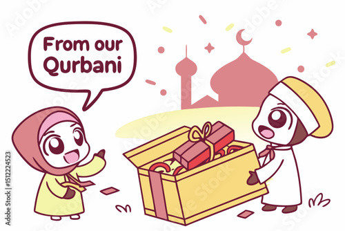Kawaii scene Big-eyed children exchanging adorable meat parcels wrapped like Eid gifts with ribbon and sticker labels 'From Our Qurbani'. One box peeks open to show a cute meat cartoon face winking. B