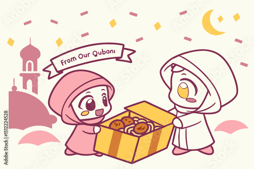 Kawaii scene Big-eyed children exchanging adorable meat parcels wrapped like Eid gifts with ribbon and sticker labels 'From Our Qurbani'. One box peeks open to show a cute meat cartoon face winking. B