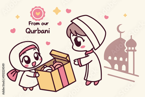 Kawaii scene Big-eyed children exchanging adorable meat parcels wrapped like Eid gifts with ribbon and sticker labels 'From Our Qurbani'. One box peeks open to show a cute meat cartoon face winking. B
