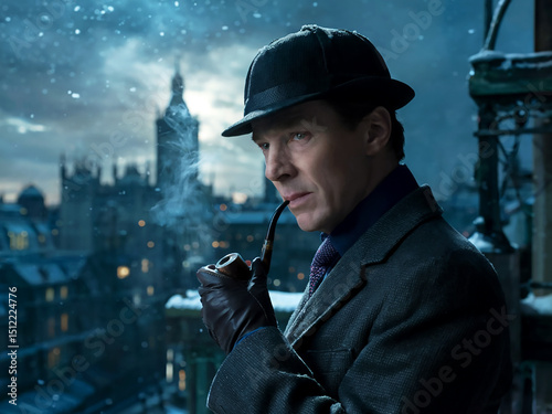 Sherlock Holmes in a snowy cityscape