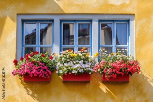 Vintage windows with spring flowers on sunny day