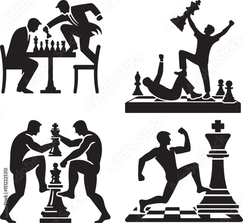 Four black and white illustrations depicting chess players and chess pieces in various competitive scenarios