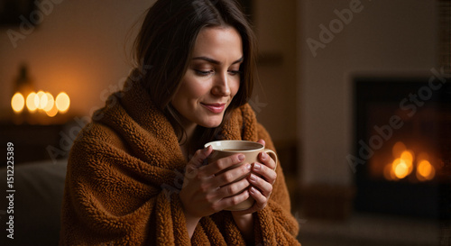  Woman with blanket holding herbal tea near fireplace glow