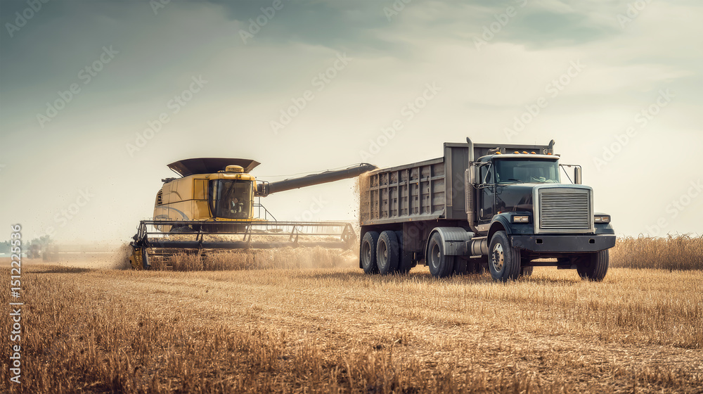 Naklejka premium Combine harvester and truck working together to load grain in a sunlit field during harvest season