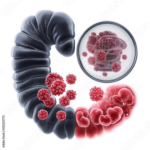 Colon cancer progression: illustration showcasing healthy to cancerous colon transformation