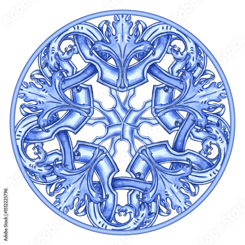 Round Watercolor Floral Frame in Indigo Colors. Can be used as decal, design for tiles, fabric, interior. Capri Majolica color frame 