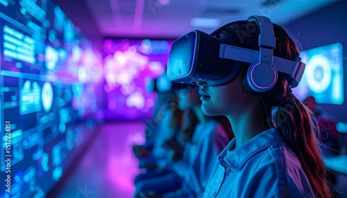 A student immersed in a virtual reality classroom, exploring advanced technology and interactive learning in a futuristic setting, education concept.