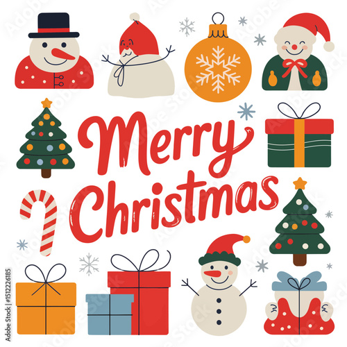 Merry Christmas Festive Illustration with Snowman Santa and Gifts