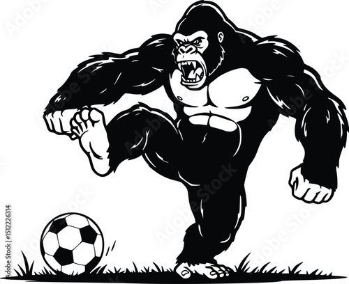 silhouette of a gorilla playing soccer with powerful and playful athletic energy in monochrome art