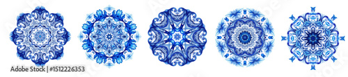 Round Watercolor Floral Frame in Indigo Colors. Can be used as decal, design for tiles, fabric, interior. Capri Majolica color frame 