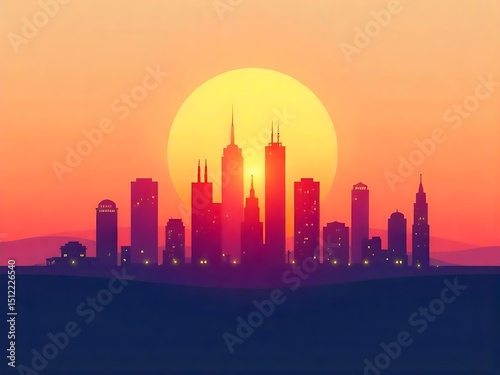 City Skyline at Sunset with Vibrant Orange and Red Tones – Urban Silhouette Background