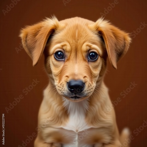 Adorable puppy stares intently, brown backdrop, closeup, brown