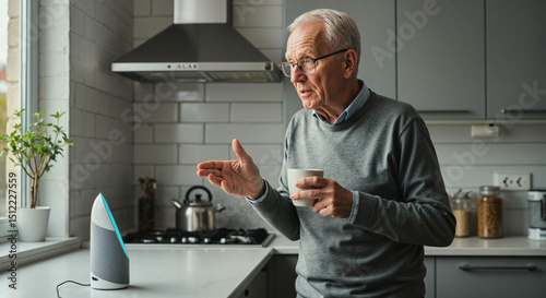 Elderly man in a modern kitchen speaking to a smart speaker, holding a cup of coffee concept of lifelong learning and digital skills  digital literacy seniors active aging and digital  inclusion