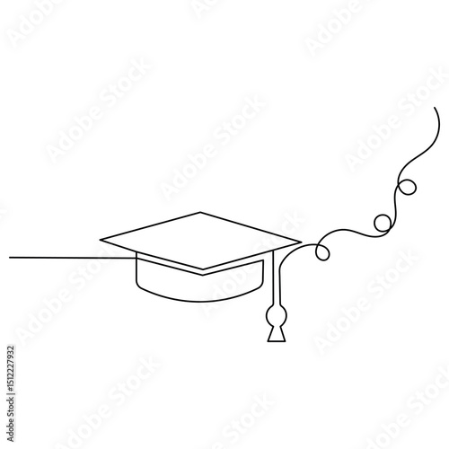The graduation cap and diploma in a single line drawing on a white artboard simply express achievement and the path of education.