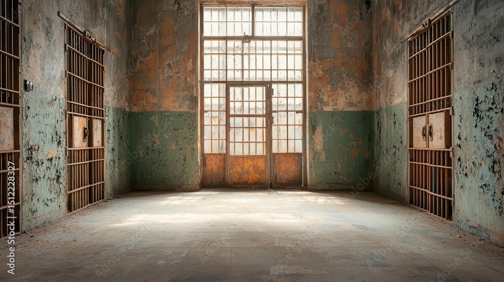 An old abandoned prison with rusted cell doors and peeling walls, echoes of forgotten history An old abandoned prison with rusted cell doors and peeling walls, echoes of forgotten history