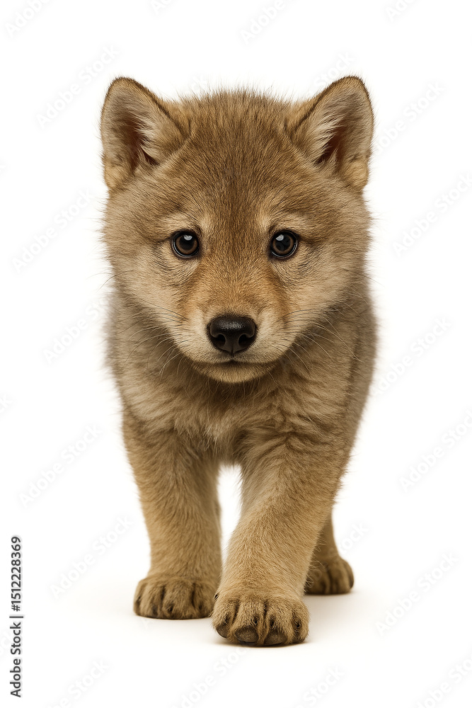 Fototapeta premium A young wolf cub with a fluffy brown coat and bright eyes. The cub is standing and looking directly at the camera, showcasing its playful demeanor.