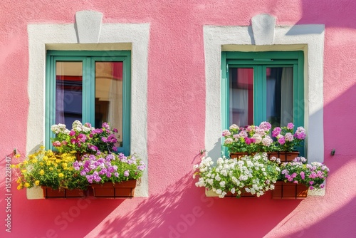Vintage windows with spring flowers on sunny day