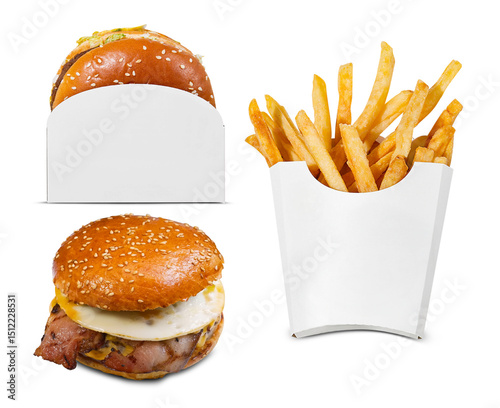 Fotografie Two burgers and a portion of French fries in white paper packaging, isolated on