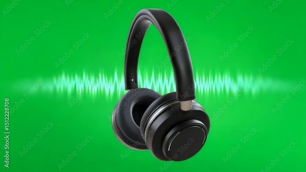 Black Wireless Headphones on Bright Green Background with Sound Wave Illustration