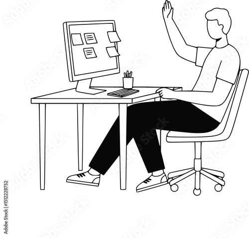 Silhouette of person celebrating success while working at computer desk with organized notes and raised hand gesture

