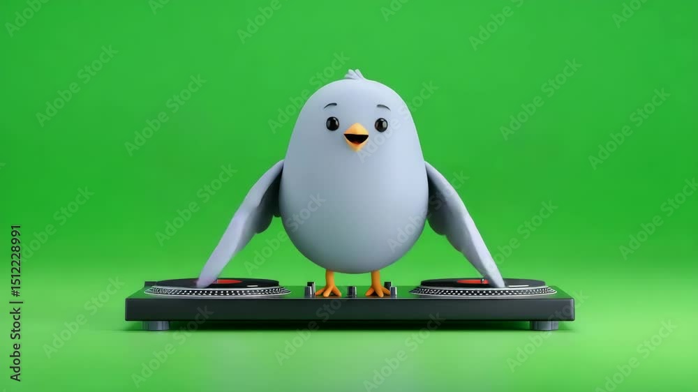 Cute Cartoon Bird Character with Outstretched Wings on DJ Turntables Against Bright Green Background