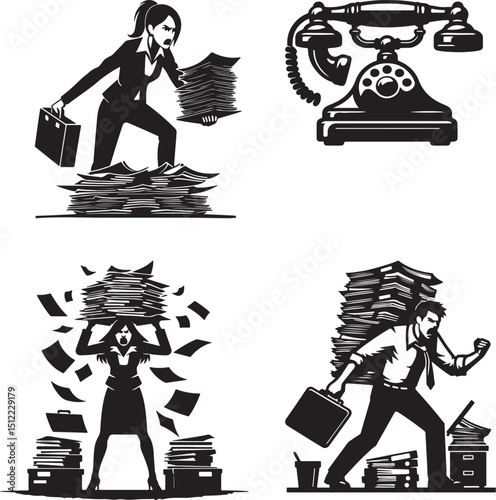 Black and white illustrations of stressed office workers and an old rotary telephone on a white background