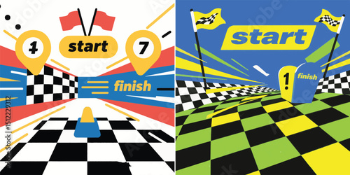 A graphic featuring two race track designs. The left shows a checkered finish line with "start" and "finish" markers, while the right displays a vibrant green and black checkered track with a "start" 
