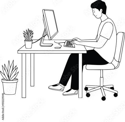 Person typing at a desk with computer, surrounded by plants and office supplies in a comfortable home office workspace

