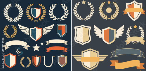 Two complementary sets of vintage-style heraldic emblems, featuring shields, wreaths, ribbons, and wings in muted tones against dark backgrounds.