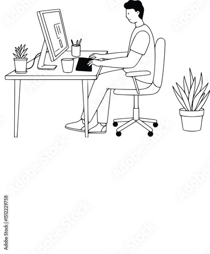 Person typing on computer at organized desk with plants and stationery, reflecting comfort and productivity at home

