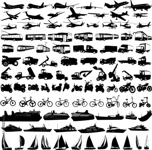 Black silhouette collection of transportation modes including airplanes boats bikes and cars