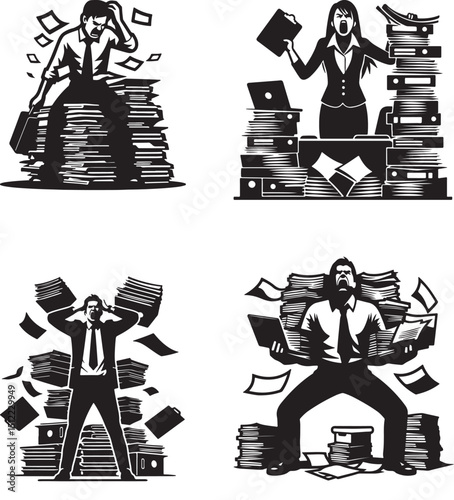 Four illustrations depicting stressed office workers overwhelmed by paperwork and deadlines at work