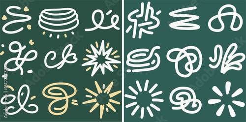 A grid of abstract white and yellow line art on a dark green background, featuring spirals, bursts, and organic shapes.
