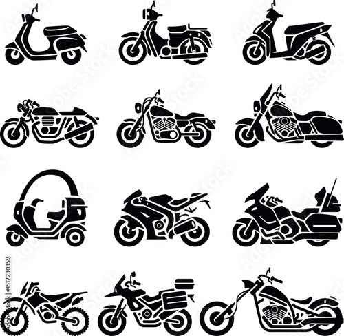 Collection of detailed black motorcycle silhouettes illustrating various types and styles for design projects