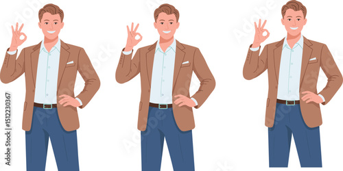 Smiling businessman in brown blazer making OK hand gesture, professional male character illustration, confident business pose, modern office outfit, standing and happy