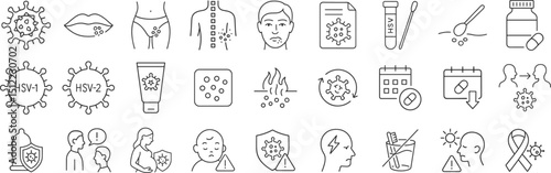 Herpes virus line icon set. Vector pictograms of genital, oral, lips, rash, swab, test, diagnosis, pill, medicine, cream, protection, condom, hygiene, sunlight, awareness, thin linear illustration.