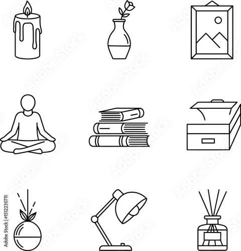 Elegant Home Interior Vector Icon Set - Linear Style for Decoration & Design