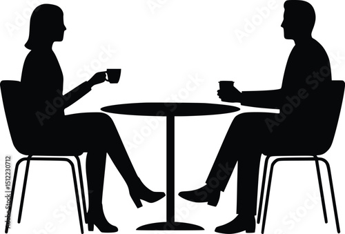Silhouette of two individuals sitting at a round table, enjoying a coffee date and casual conversation in a relaxed setting

