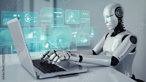 AI robot working on computer while analyzing data and processing information