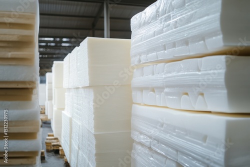 Large stack of foam blocks packed tightly in factory