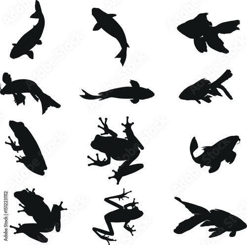 Silhouette collection of fish and frogs in black and white isolated on a white background