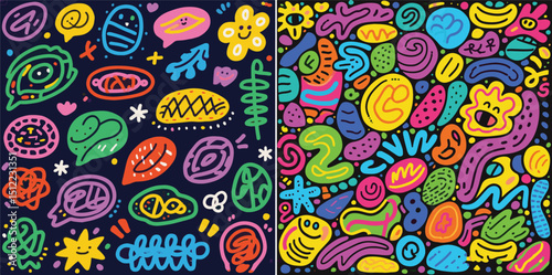 Two abstract, colorful doodle patterns brimming with whimsical shapes, lines, and textures, resembling a vibrant, playful artistic expression.
