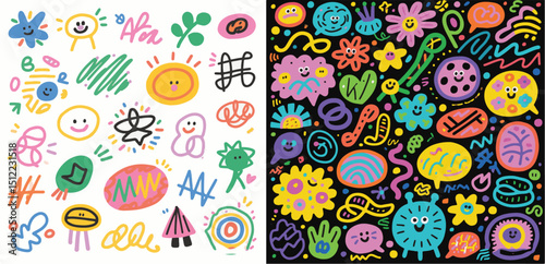Two panels of vibrant, hand-drawn abstract doodle elements, one on white and one on black, featuring quirky shapes, lines, and smiling faces.