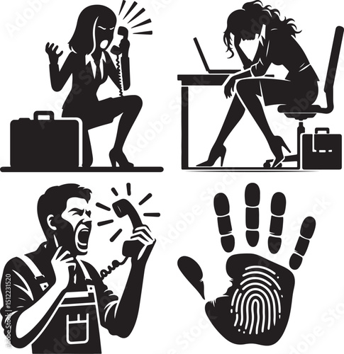 Black and white illustration showing stress with people and a fingerprint on a hand image art