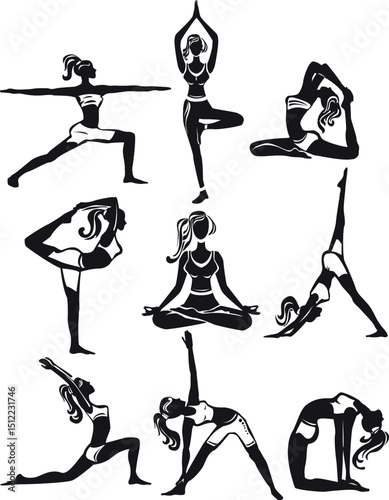 Silhouetted women demonstrating various yoga poses for fitness and meditation practice