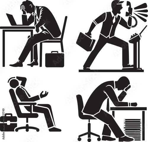 Four black and white illustrations depicting stress and frustration in a business environment setting