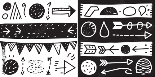 A split image showcasing various hand-drawn tribal-style doodles.