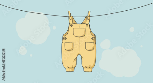 Yellow overalls hanging on a clothesline against a blue background,for websites of children's clothing, brands of household chemicals, bloggers in the sphere of motherhood  